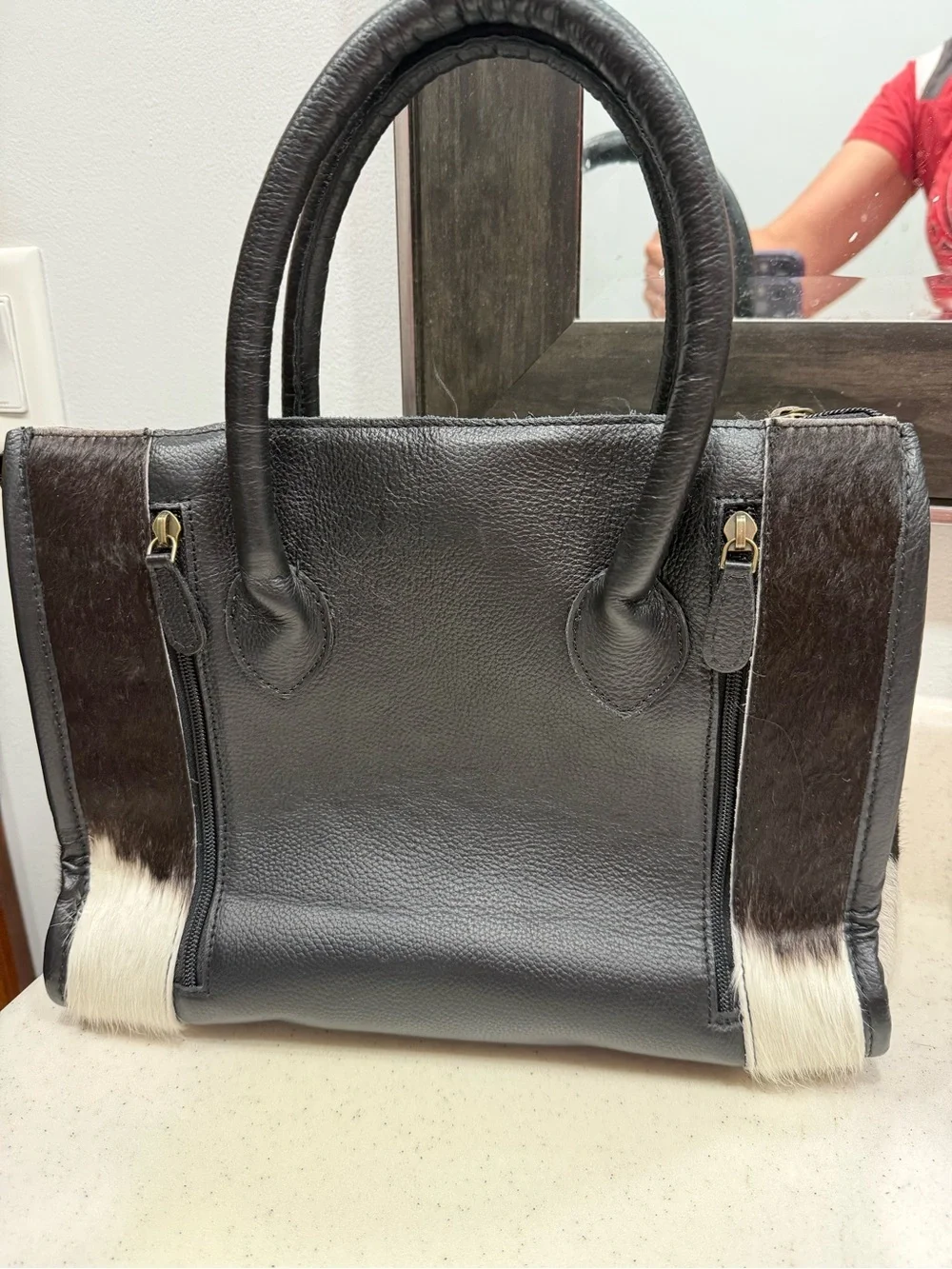 Teal Checker Pattern Satchel Handbag with Black Trim and Genuine Cowhide